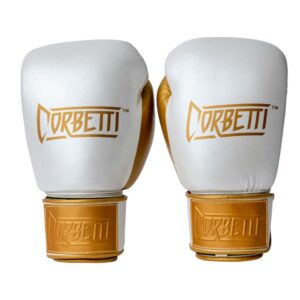 Corbetti CTG-005 Pearl White - Gold, Muay Thai Gloves both standing up fist side forward showcasing the brand's logos