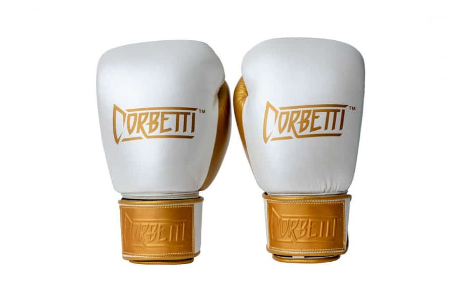 Corbetti CTG-005 Pearl White - Gold, Muay Thai Gloves both standing up fist side forward showcasing the brand's logos