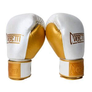 Corbetti CTG-005 Pearl White - Gold, Muay Thai Glove side by side standing up at an angle to showcase the metallic gold thumbs