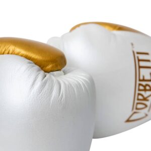 Corbetti CTG-005 Pearl White - Gold, Muay Thai Gloves, laying down on their side with the right one up close showcasing the leather grain