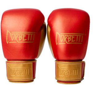 Corbetti CTG-002 Copper-Gold Muay Thai Gloves both standing up fist side forward highlighting the brand's logo