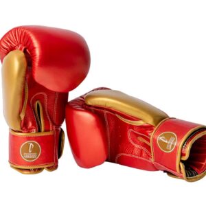 Corbetti CTG-002 Copper-Gold Muay Thai Gloves left one standing up and right one laying on its side both palm side forward