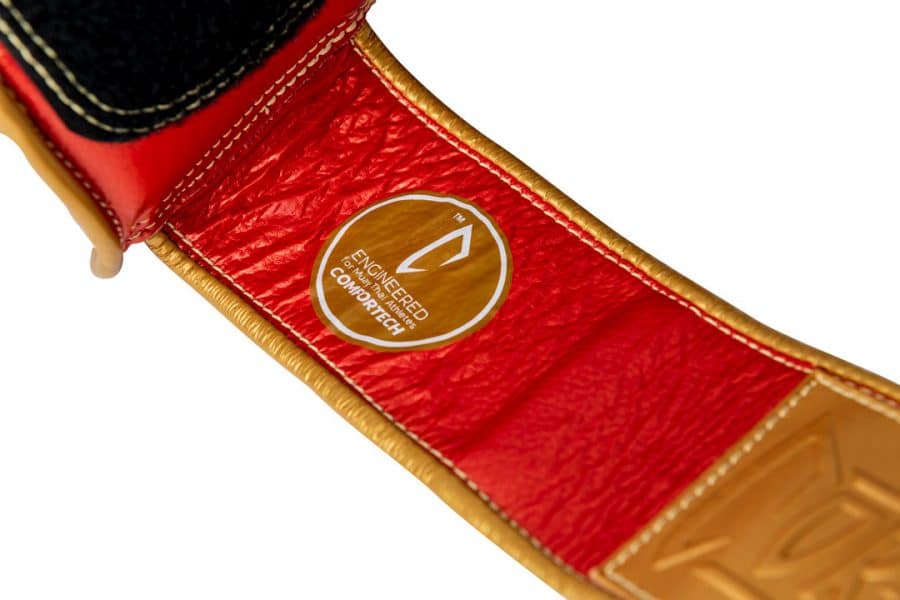 Corbetti CTG-002 Copper-Gold Muay Thai Glove wrist strap highlighting the COMFORTECH authenticity seal
