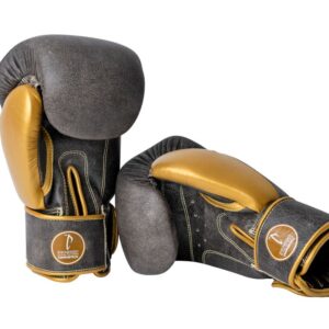 Corbetti CTG-006 Vintage-Gold Muay Thai Gloves, left standing palm facing forward and right laying on its side with palm facing forward