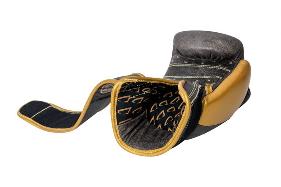 Corbetti CTG-006 Vintage-Gold Muay Thai Glove right hand laying on its back with view to the inside liner