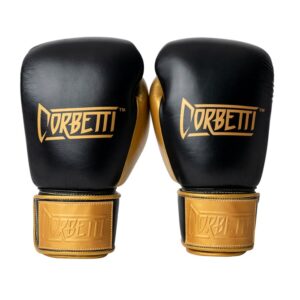 Corbetti CTG-001 Black-Gold Muay Thai Gloves both standing up fist side forward showcasing the brand's logos and shiny leather you can almost smell