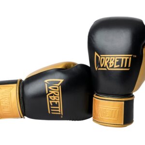 Corbetti CTG-001 Black-Gold Muay Thai Gloves right one is laying on its side touching the right with fist side, the right one is standing both fist side forward