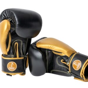 Corbetti CTG-001 Black-Gold Muay Thai Gloves left one is standing up and right one on its side touching the right with its fist both are in palm forward angles
