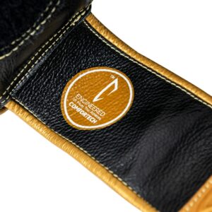 Corbetti CTG-001 Black-Gold Muay Thai Glove wrist strap highlighting the leather grain and comfortech technology label
