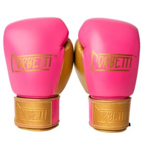 Corbetti CTG-004 Pink-Gold Muay Thai Gloves both standing up fist side up showcasing the wrist labels and brand logos