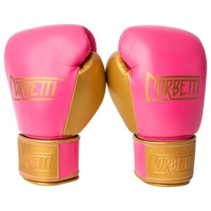 Corbetti CTG-004 Pink-Gold Muay Thai Gloves both standing up fist side forward at an angle to showcase the metallic gold thumbs