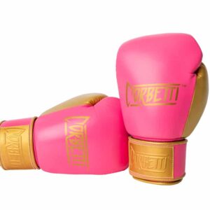Corbetti CTG-004 Pink-Gold Muay Thai Gloves right laying on its side and left standing up fist side forward showcasing brand's logos