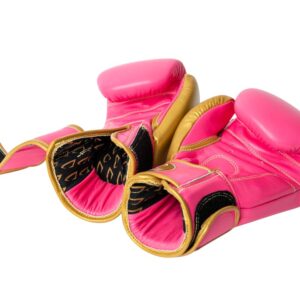 Corbetti CTG-004 Pink-Gold Muay Thai Gloves palm side up left and right with a sneak peak view of the the fabric liner