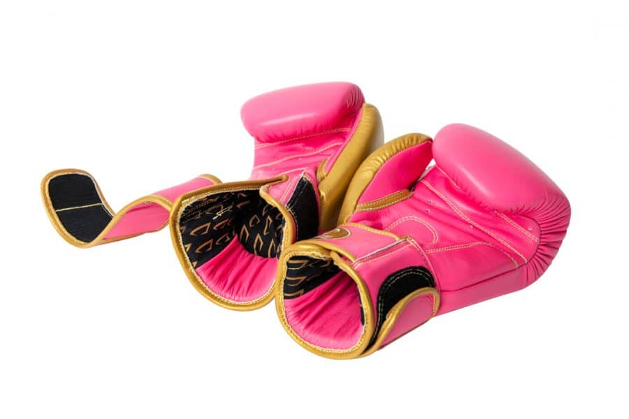 Corbetti CTG-004 Pink-Gold Muay Thai Gloves palm side up left and right with a sneak peak view of the the fabric liner