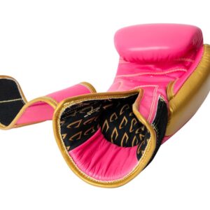 Corbetti CTG-004 Pink-Gold Muay Thai Glove palm side up with a view inside showcasing the printed fabric liner