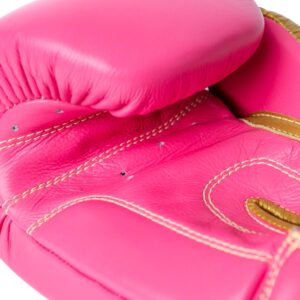 Corbetti CTG-004 Pink-Gold Muay Thai Glove detailed palm side view showcasing kevlar thread stitching