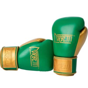 Corbetti CTG-003 Green-Gold Muay Thai Gloves right is laying down on its side fist touching the left glove standing up both fist side forward showing brand logos