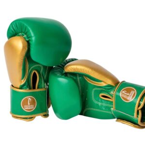 Corbetti CTG-003 Green-Gold Muay Thai Gloves left one is standing up and right one is laying down on its side fist touching left glove