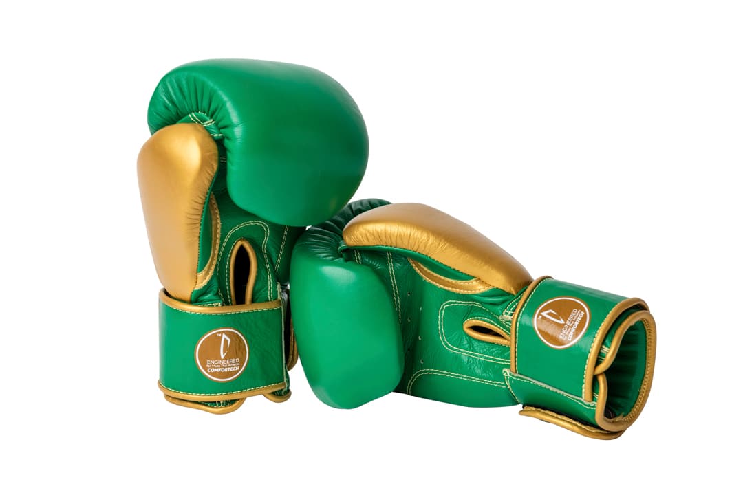 Corbetti CTG-003 Green-Gold Muay Thai Gloves left one is standing up and right one is laying down on its side fist touching left glove
