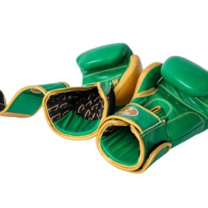 Corbetti CTG-003 Green-Gold Muay Thai Gloves both laying down on the fist side giving a sneak peak to the inside of the gloves
