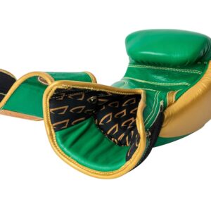 Corbetti CTG-003 Green-Gold Muay Thai Glove right hand laying on the fist side and showing the inside fabric liner