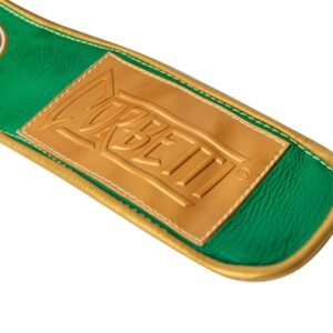 Corbetti CTG-003 Green-Gold Muay Thai Glove wrist strap displaying the gold rubber label