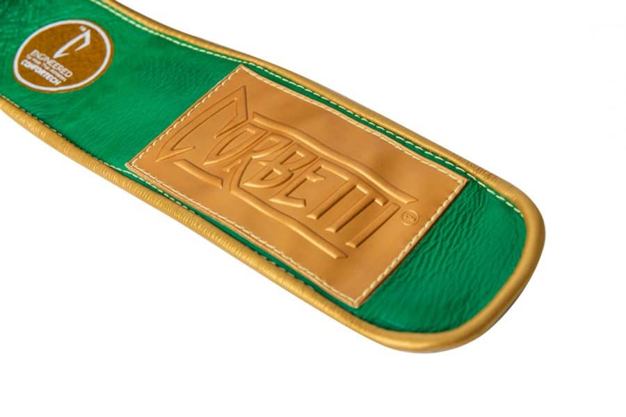 Corbetti CTG-003 Green-Gold Muay Thai Glove wrist strap displaying the gold rubber label