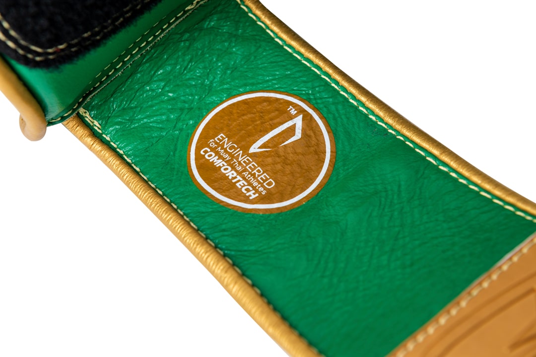 Corbetti CTG-003 Green-Gold Muay Thai Glove wrist strap detailed view of the comfortech technology label