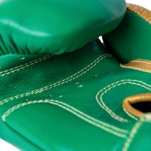 Corbetti CTG-003 Green-Gold Muay Thai Glove palm side up view showcasing the kevlar thread stitching